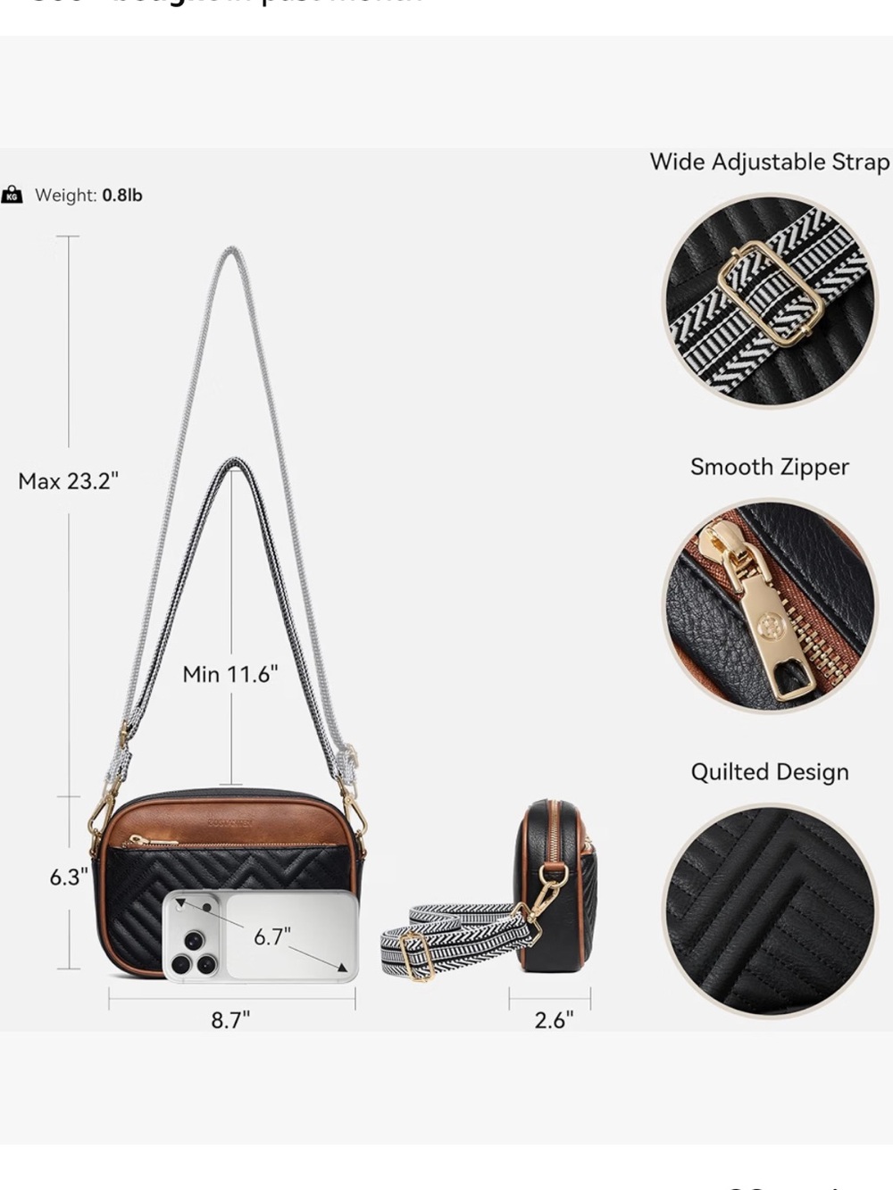 BOSTANTEN Black & Brown Quilted Crossbody Bag with Patterned Strap - Picture 4 of 15